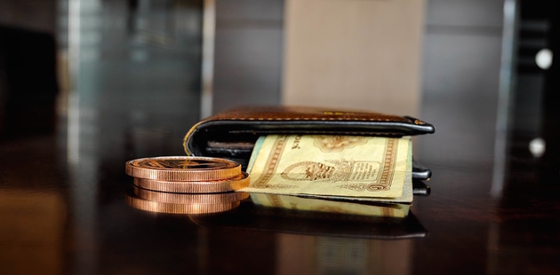 Big bronze coins and cash in a wallet