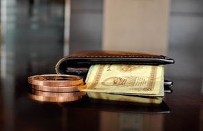 Small bronze coins and cash in a wallet